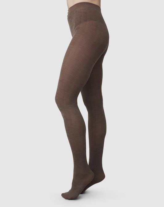 Ylva Organic Wool Fishbone Tights - Mid Brown