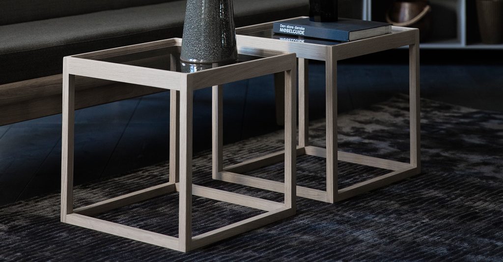 Cube Table oak /light grey Portland marmor